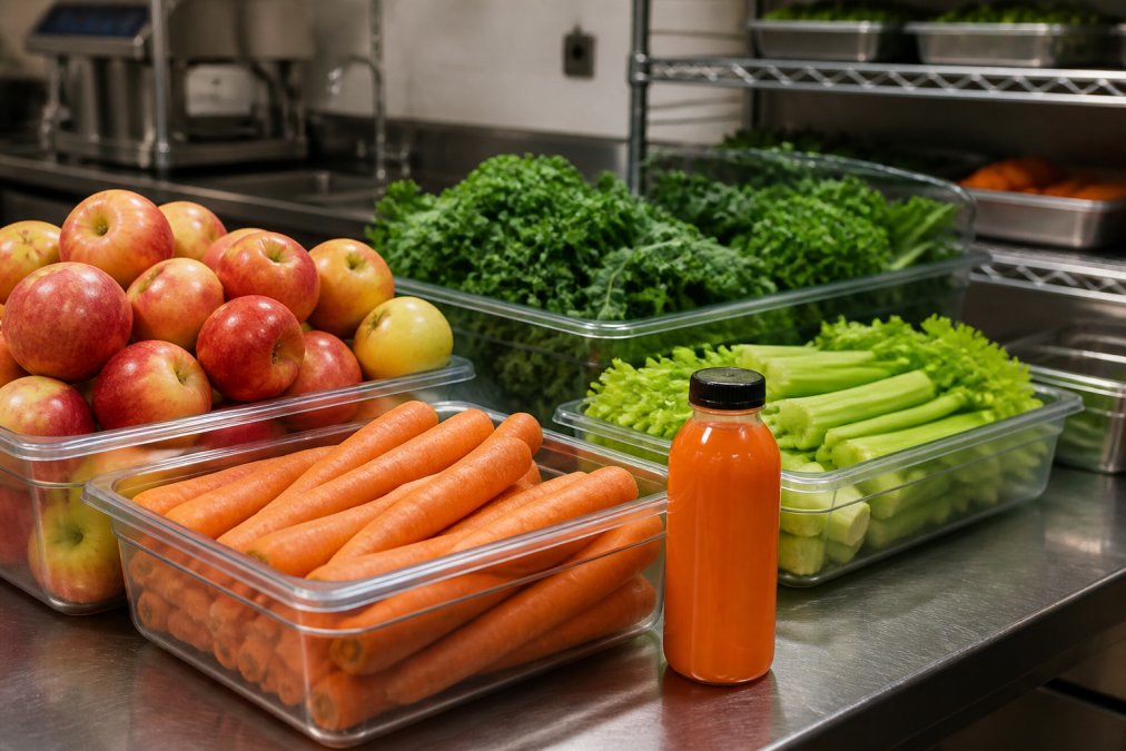 Produce bins in a commercial kitchen showing abundant fresh apples, carrots, celery, and leafy greens being prepped for pressing, with a 16-ounce juice bottle displayed prominently for scale comparison