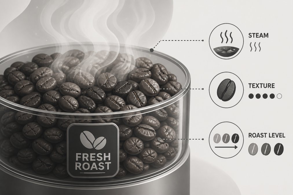 Close-up of freshly roasted coffee beans in a clear container showing visible steam or vapor rising from the beans, with warm natural lighting highlighting the bean texture and color variation