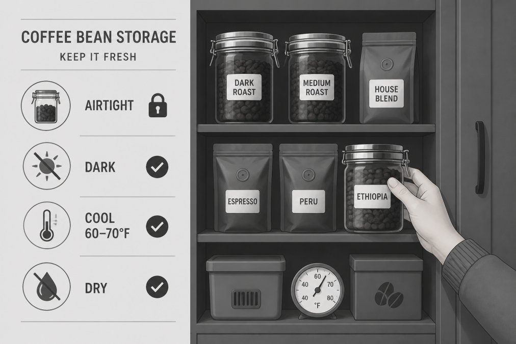 Organized coffee storage setup showing airtight containers, vacuum-sealed bags, and a cool, dark cabinet or pantry shelf with a hand reaching for a labeled container