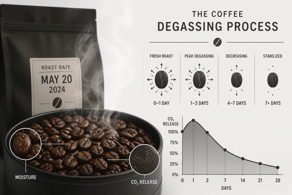 Close-up of freshly roasted coffee beans in an open container with visible moisture and steam rising, showing a roast date label on the bag in natural morning light
