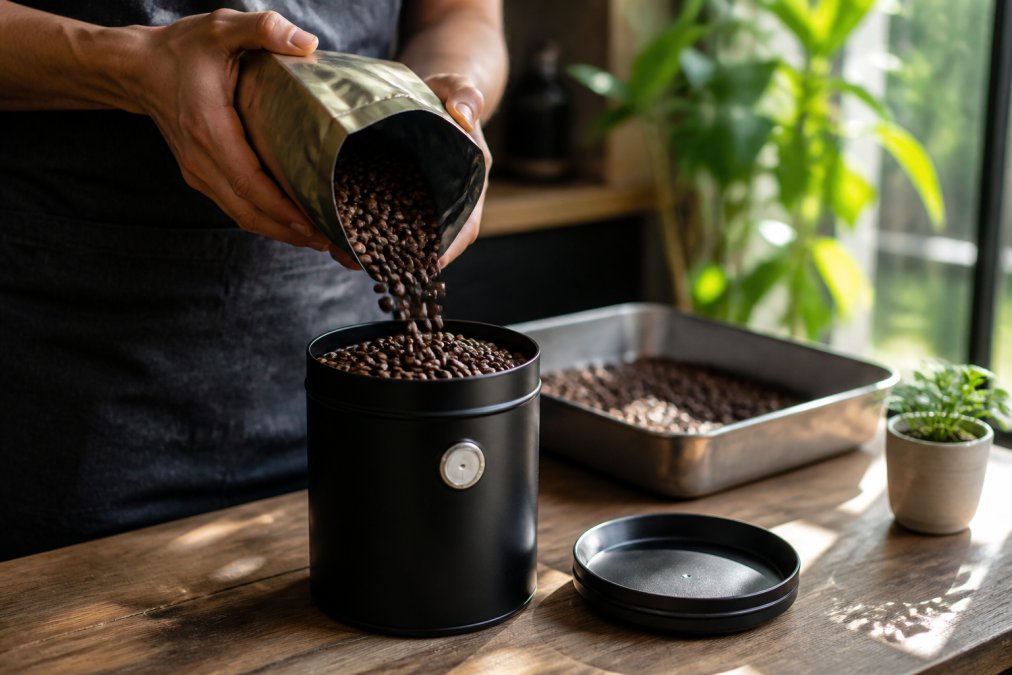 Hands placing freshly roasted coffee beans into an airtight container with a visible one-way valve, positioned on a kitchen counter with morning light streaming through nearby window