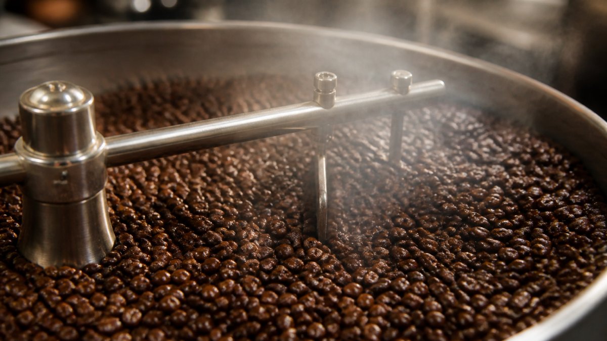 Close-up of freshly roasted coffee beans cooling on a metal tray with steam rising, showing glossy surface and rich brown color of medium and dark roasts