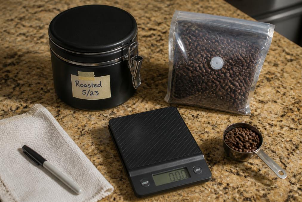Airtight coffee canister, valve bag of beans, and a digital scale with a handwritten roast date on a kitchen counter.