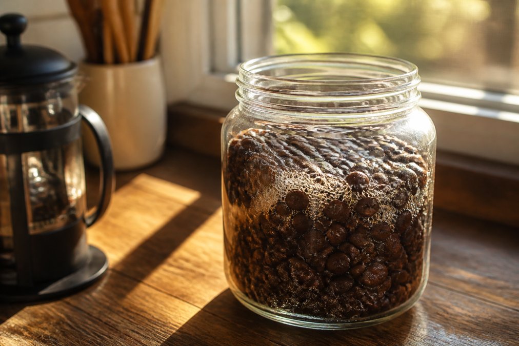 Close-up of freshly roasted coffee beans in a glass jar on a wooden kitchen counter, tiny bubbles and foam visible on the surface as carbon dioxide releases, soft morning light through a window