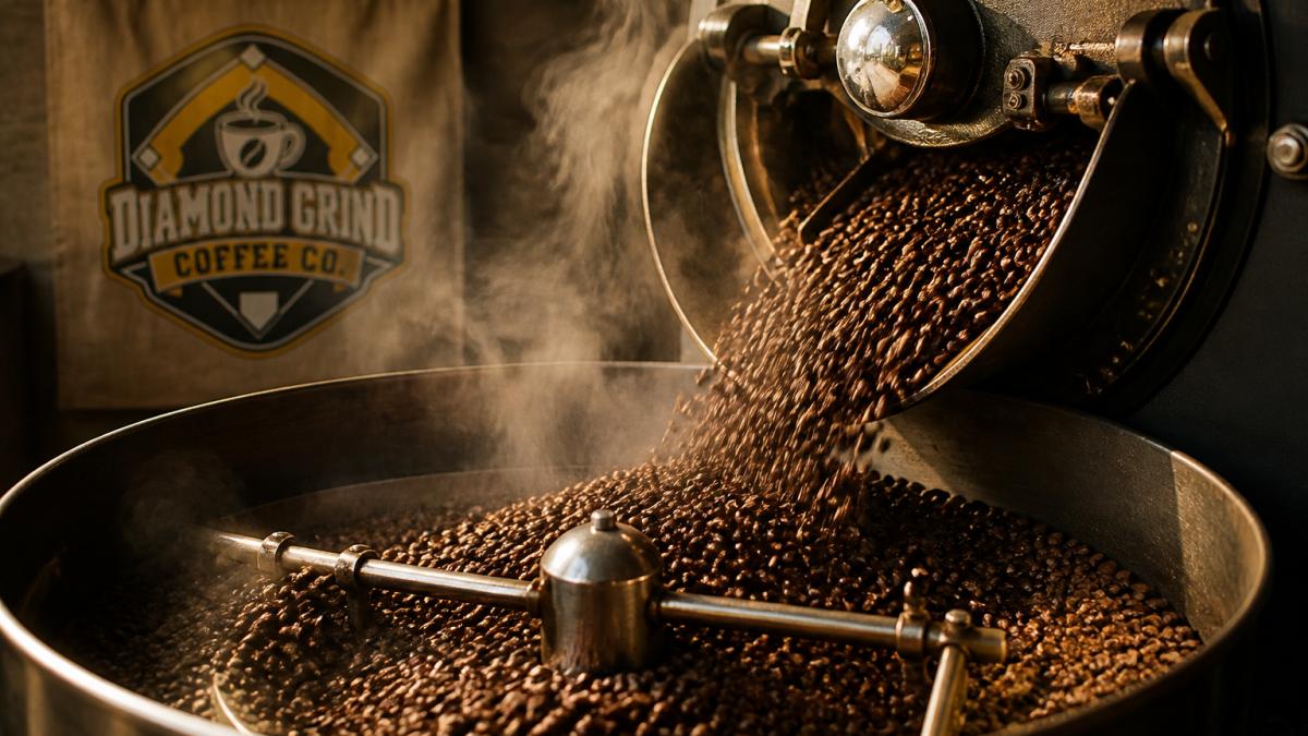 Close-up of dark roasted coffee beans tumbling out of a small-batch drum roaster into a spinning cooling tray, visible steam and warm amber tones
