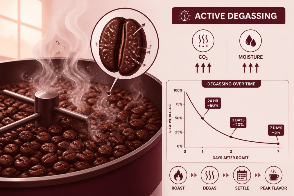 Close-up of freshly roasted dark brown coffee beans releasing visible steam and moisture in a cooling tray, showing active degassing immediately after roasting with warm afternoon light