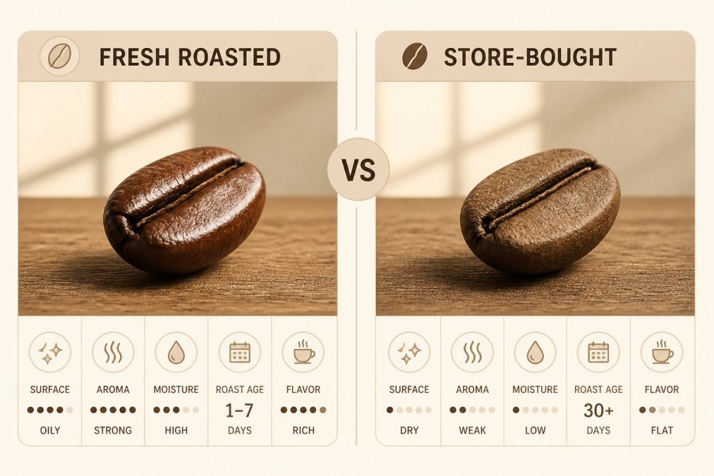 Two coffee beans side by side on a rustic wooden table: one glossy and lightly oily from a recent roast, the other dull, dry, and matte, lit by warm window light