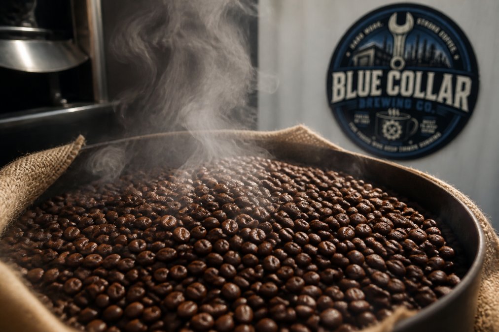 Close-up of freshly roasted coffee beans in a bag with visible steam rising, showing rich dark brown color and glossy surface texture