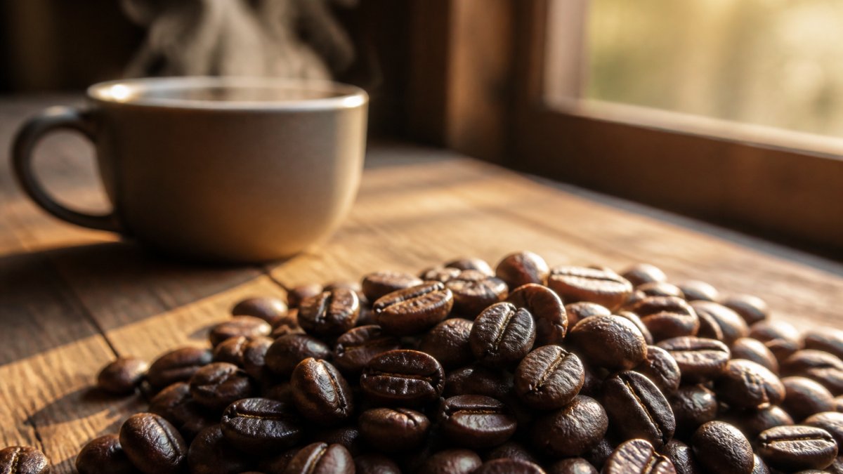 Infographic illustrating the chemical process of coffee roasting using fresh beans and a steaming cup as visual aids.