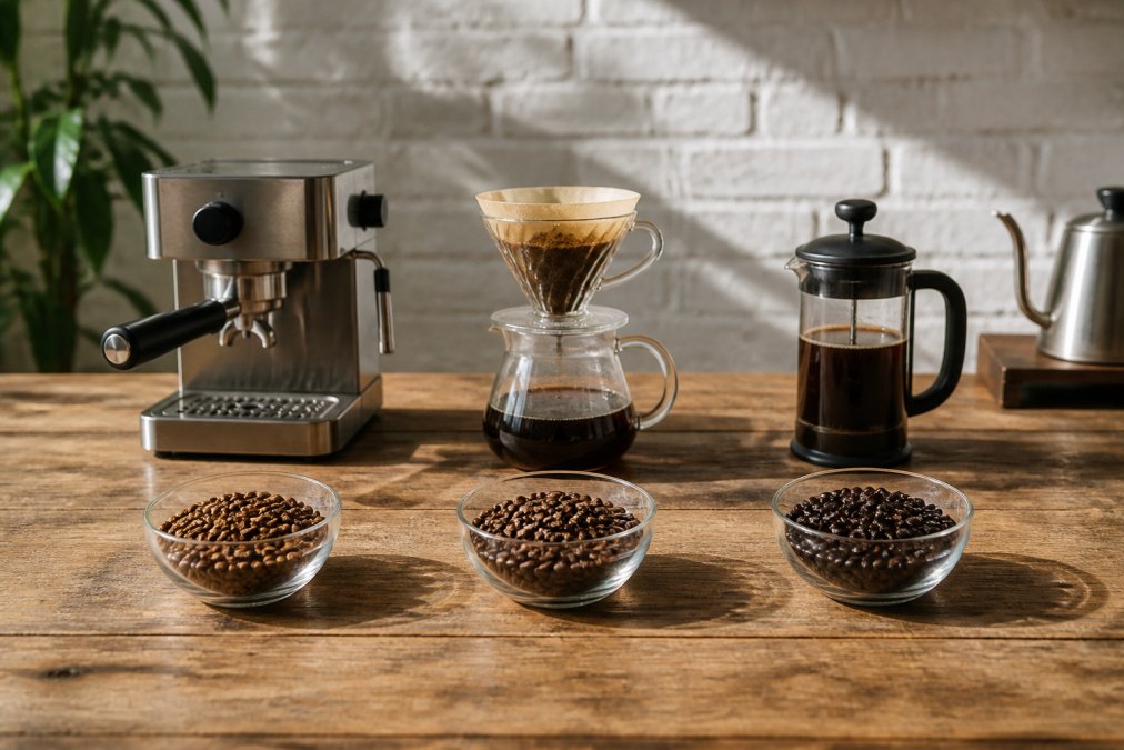 Simple horizontal timeline graphic showing peak windows for light, medium, and dark roasts, with markers for espresso, pour-over, and immersion brew methods