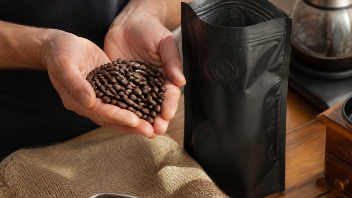 Close-up of hands holding a small handful of whole roasted coffee beans next to an open valve-sealed bag on a wooden kitchen counter, warm morning light