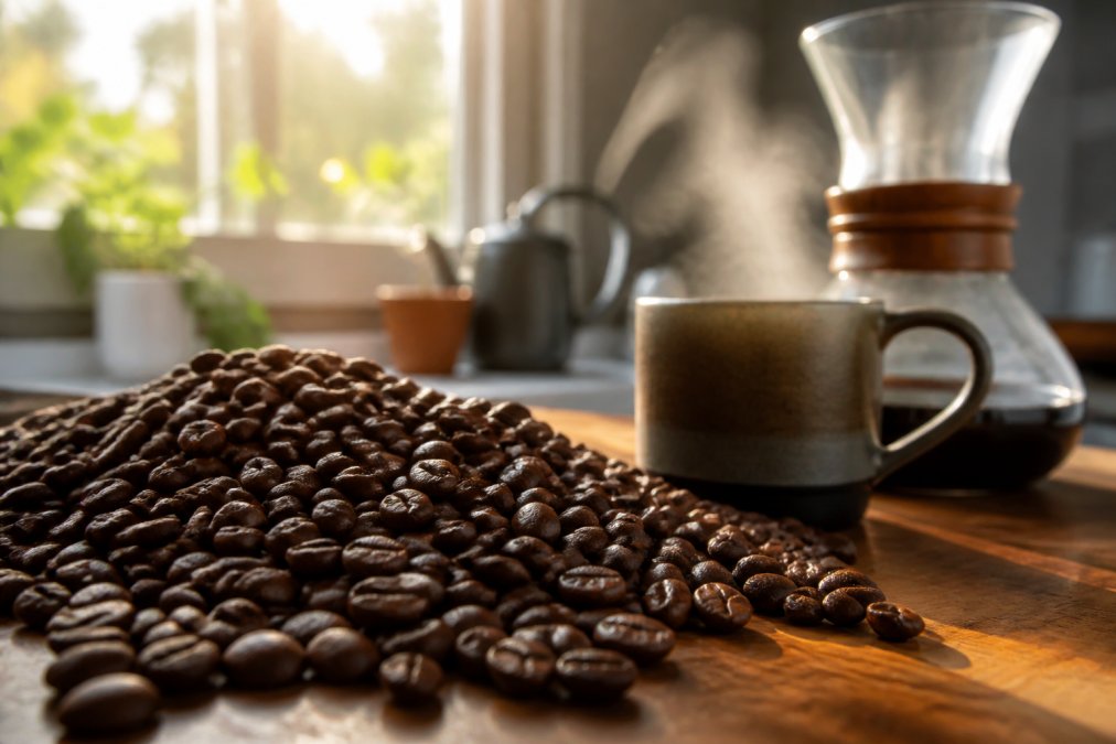 Close-up of freshly roasted coffee beans with visible oils, steam rising from a just-poured cup, warm morning light through a kitchen window