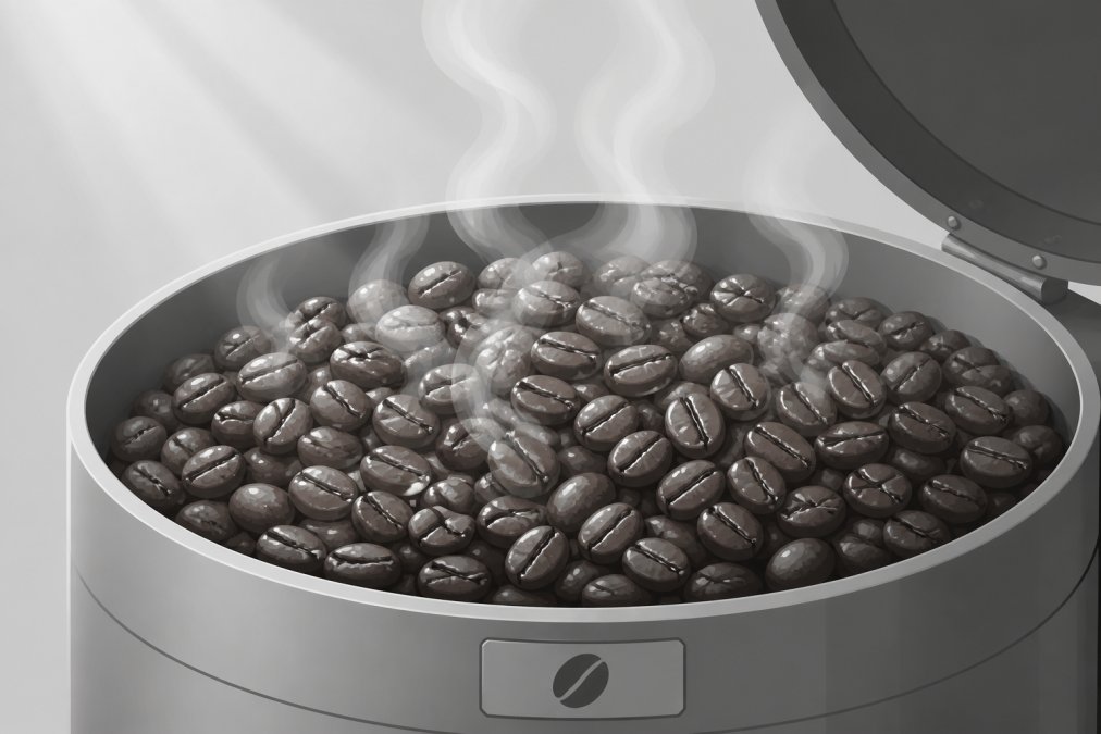 Close-up of freshly roasted coffee beans in an open container with visible steam rising, showing vibrant color and texture of beans immediately after roasting, with natural light highlighting the glossy surface