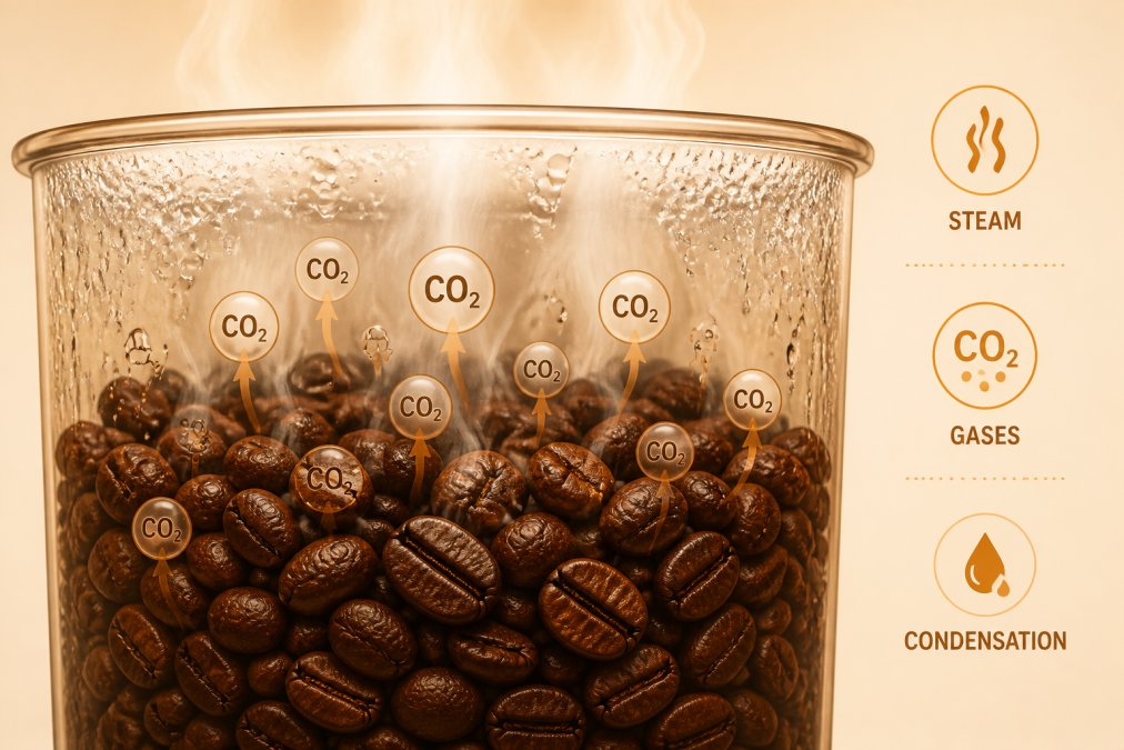 Close-up of freshly roasted dark brown coffee beans in a transparent container with visible condensation and steam rising, showing the active degassing occurring moments after roasting