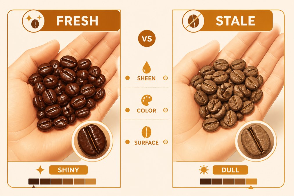 Side-by-side comparison of a handful of shiny, dark brown freshly roasted coffee beans and visibly dull, flat-colored aged beans in someone's open palm, clearly showing the color and surface sheen difference under natural light