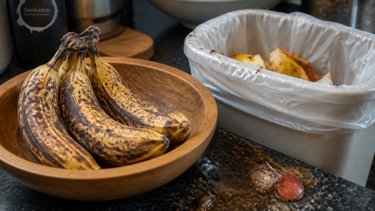 Close-up of kitchen counter showing overripe bananas in a bowl, sticky residue near a trash bin, and fermenting fruit scraps on surfaces