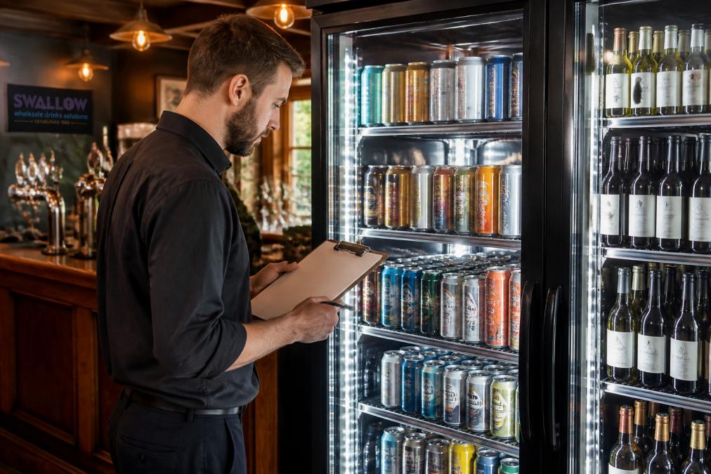 A bar manager in a West Midlands pub inspecting a low and no alcohol drinks fridge stocked with cans and bottles, holding a clipboard, warm interior lighting