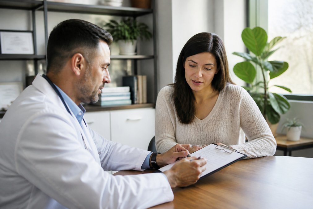 A physician in a white coat having a detailed consultation with a patient in a bright, modern clinic office, both looking at a health assessment form on a clipboard