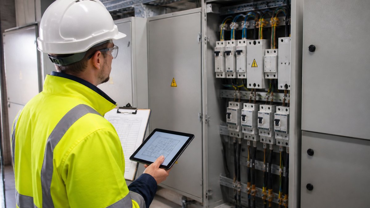 An engineer in high-visibility clothing inspecting an electrical distribution board in a commercial building plant room, with a clipboard and tablet showing a site plan