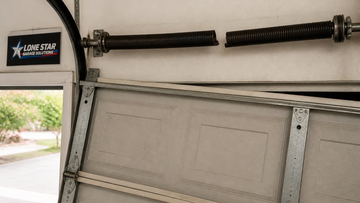 Close-up of a garage door with a visibly broken torsion spring showing a large gap in the coil and the door sitting unevenly in the frame