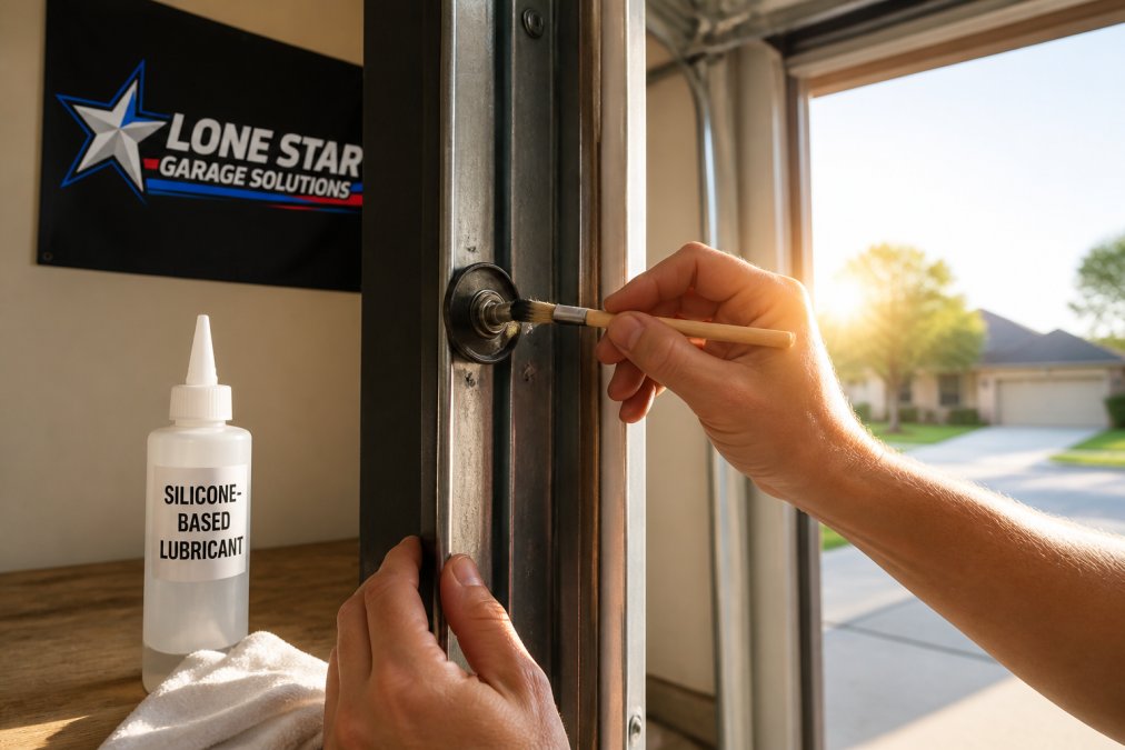 Homeowner applying silicone lubricant to garage door tracks to prevent garage doors stick during summer