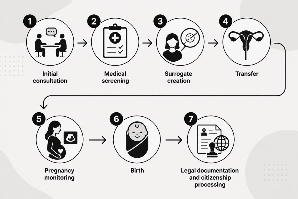 Flowchart showing surrogacy steps: Initial consultation → Medical screening → Surrogate creation → Transfer → Pregnancy monitoring → Birth → Legal documentation and citizenship processing