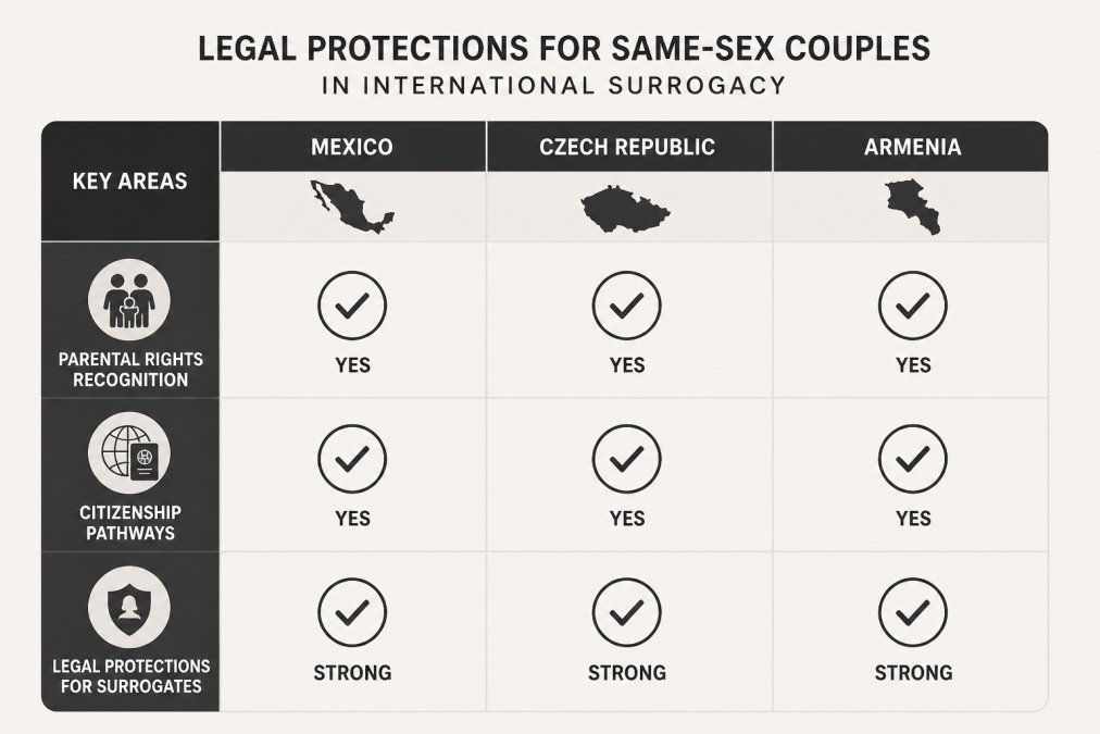 Comparison matrix showing legal protections for same-sex couples across Mexico, Czech Republic, and Armenia: parental rights recognition, citizenship pathways, legal protections for surrogates