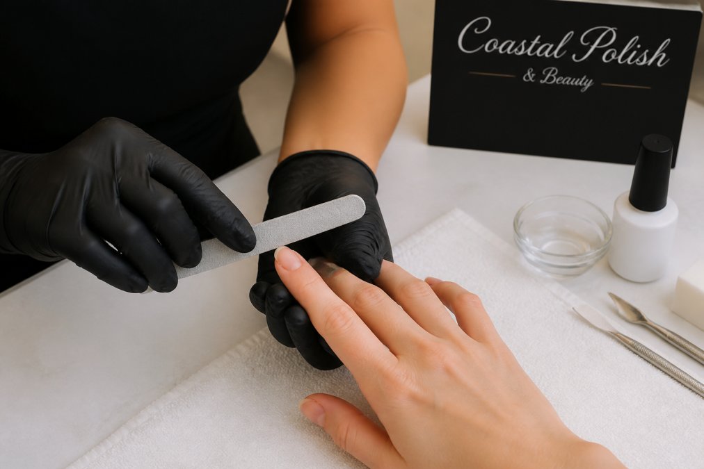 Professional nail technician using a grit file to buff the nail plate in smooth, directional strokes, with close-up view of the matte texture being created on the nail surface