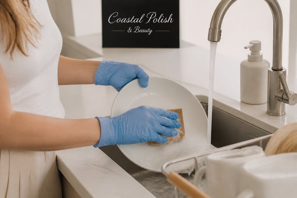Woman's hands wearing protective nitrile gloves while washing dishes, with freshly applied gel nails visible underneath, showing proper protection technique in a bright kitchen setting