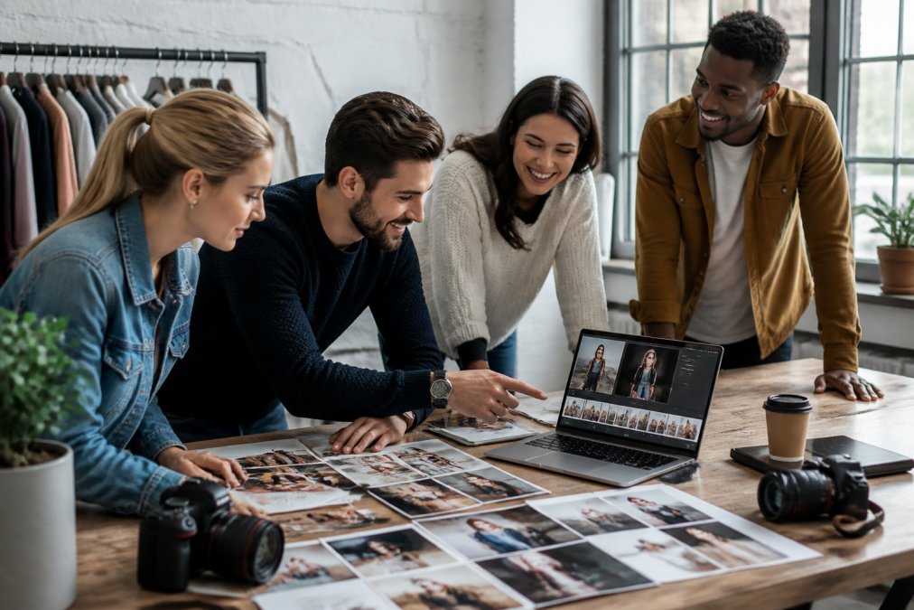 Marketing team reviewing custom brand photos in a studio to avoid how stock photos hurt brands through better visuals.