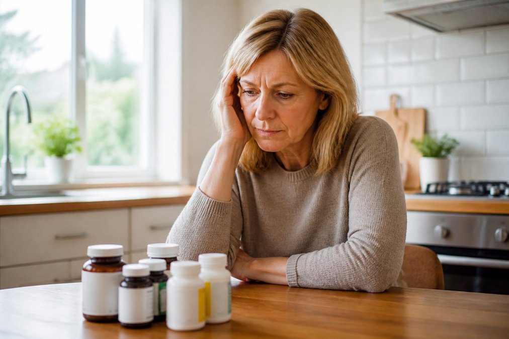 A woman in her 50s sitting at a bright kitchen table, looking at several supplement bottles with a slightly frustrated expression, natural daylight through the window