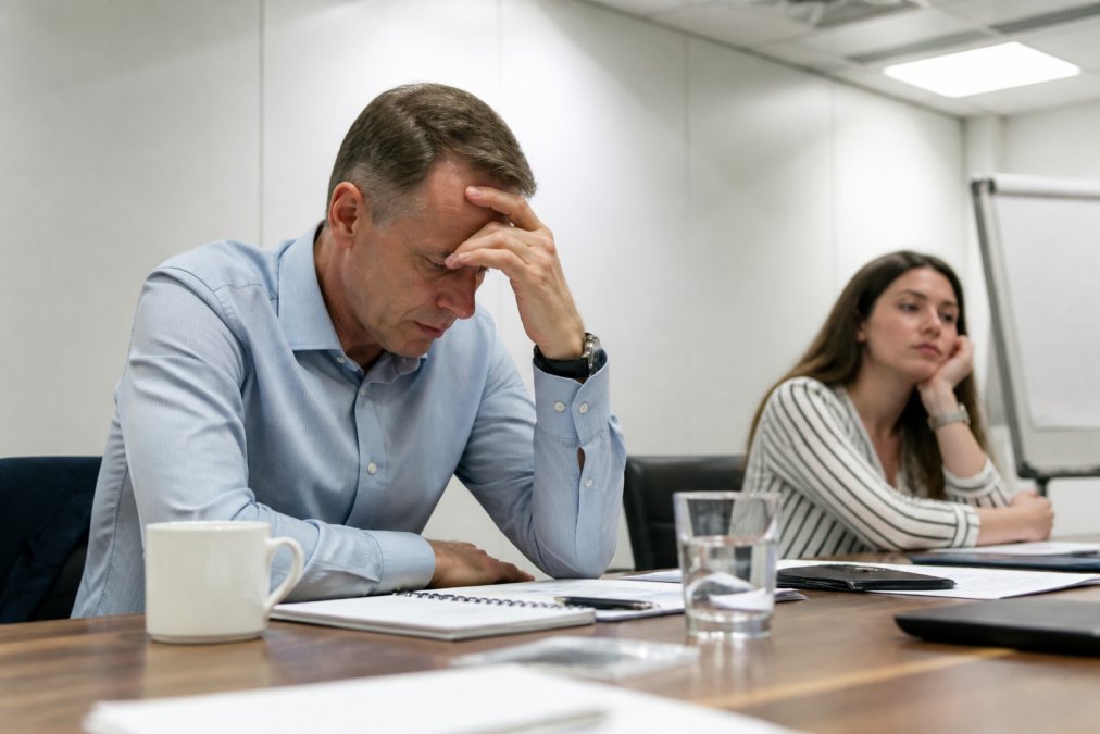 A frustrated manager looking at a laptop while a disengaged team member sits nearby in a bland corporate meeting room with harsh overhead lighting
