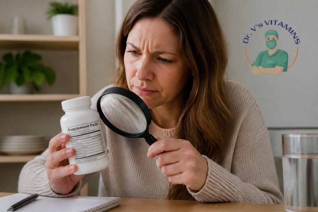 Close-up of a person holding a generic vitamin bottle next to a magnifying glass showing the ingredient label, with a look of concern