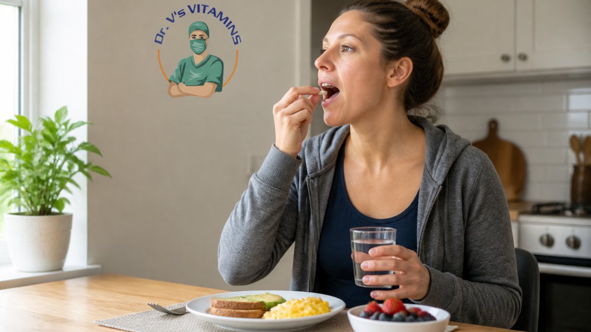 Person taking vitamins with a glass of water and a light meal on a kitchen table in natural morning light