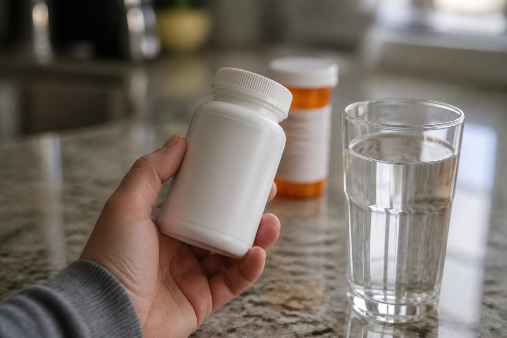 A close-up of a person's hand holding a standard over-the-counter multivitamin bottle next to a glass of water, with a prescription bottle blurred in the background