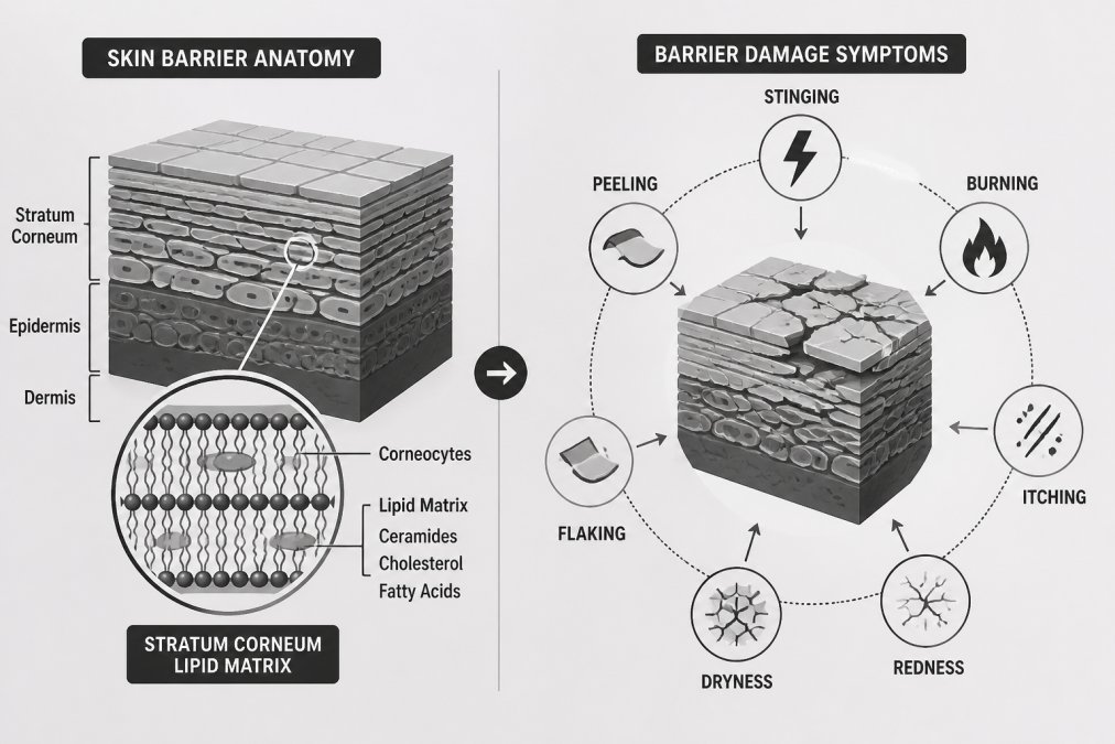 Diagram of the skin barrier showing the stratum corneum lipid matrix, with labeled arrows pointing to visible symptoms of barrier damage: stinging, burning, itching, redness, dryness, flaking, and peeling