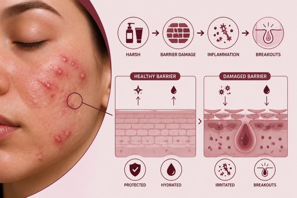 Close-up of inflamed, irritated facial skin showing visible redness and active breakouts on a person's face, illustrating damage from harsh treatments under natural lighting
