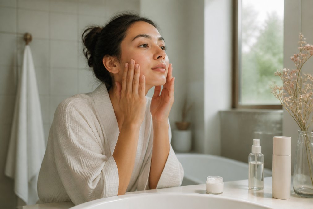 A person's hands carefully applying lightweight moisturizer to their face in a calm, intentional moment, with minimal skincare products visible on a clean bathroom counter, soft natural light streaming in