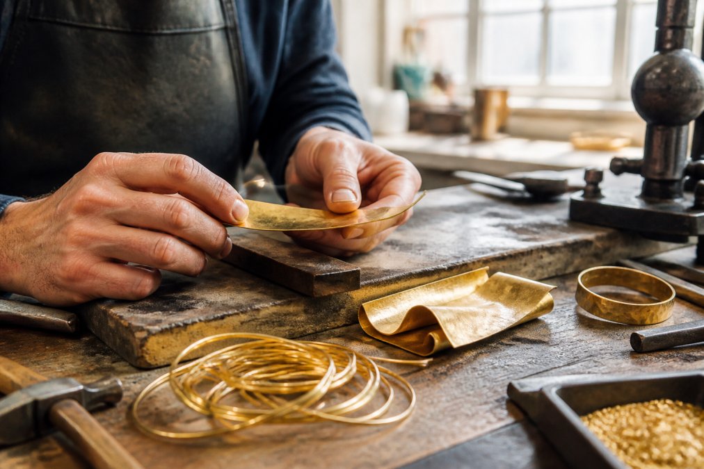 Close-up of a jeweler's hands carefully shaping and forming malleable gold sheets and wire in a bright workshop with soft natural lighting streaming through windows