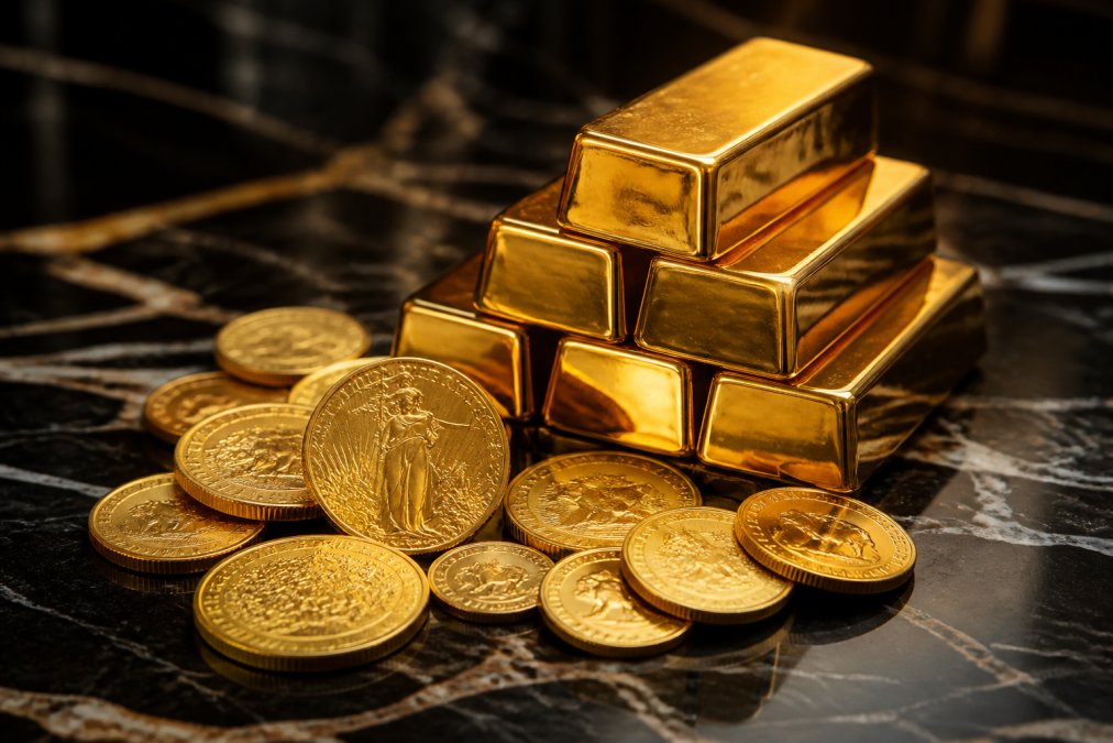 An arrangement of gold bullion coins and bars displayed on a dark polished surface with soft warm lighting emphasizing their lustrous shine and physical presence