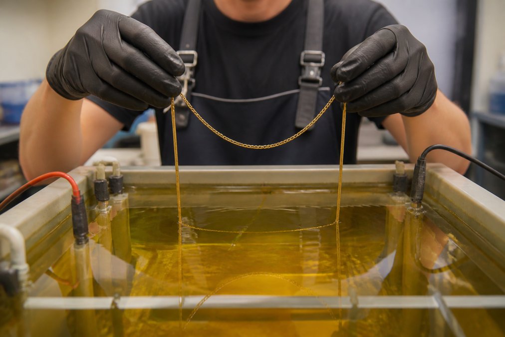 Jeweler's hands carefully positioning a delicate chain in electroplating solution with professional equipment, warm studio lighting illuminating the workspace