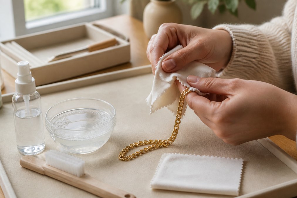 Person gently cleaning a gold-plated chain with a soft microfiber cloth and specialized jewelry cleaner, the necklace resting on a cream-colored velvet surface in natural window light