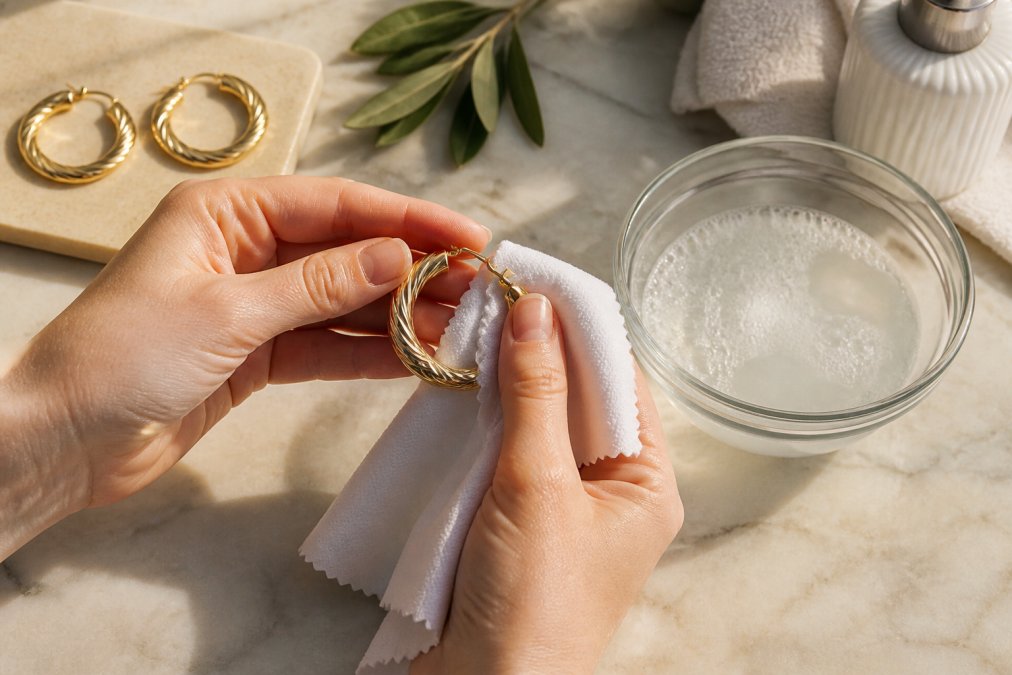 Hands gently cleaning a gold plated necklace with a soft microfiber cloth and mild soap solution, demonstrating proper jewelry care technique in natural light