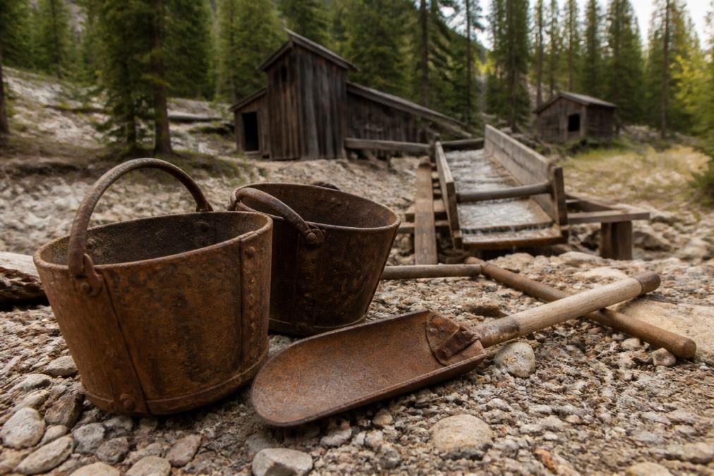 Weathered mining tools and rusted ore buckets at a Yukon site explain why gold rush history collector items are popular