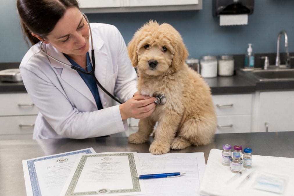 Veterinarian examining a young goldendoodle puppy during a wellness check, with medical equipment, health certificates, and vaccination records visible on the exam table in a bright, clean clinic setting
