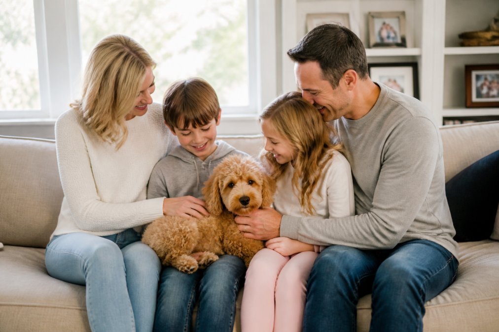 Family of four sitting on a comfortable living room couch, interacting warmly with a well-socialized goldendoodle puppy in a clean, home-like environment with natural sunlight streaming through windows and family photos on shelves