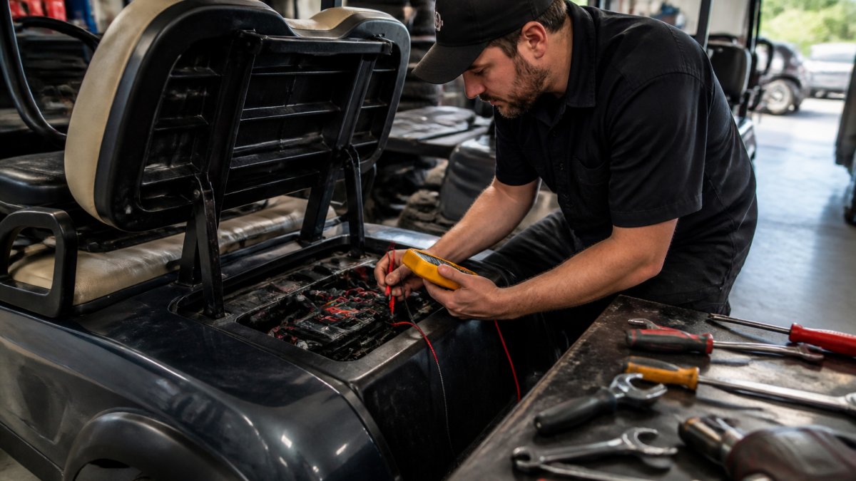 Technician using a multimeter to perform golf cart repairs on an electrical system in a professional shop