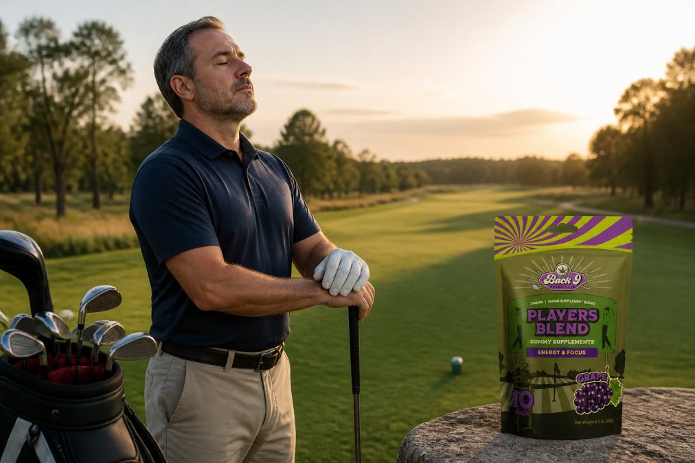 A male golfer in his 40s standing calmly on a golf course tee box at golden hour, taking a deep breath before his swing, with a serene fairway stretching behind him