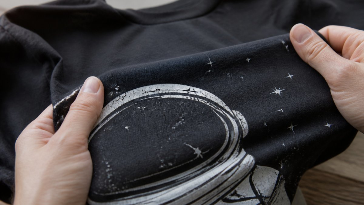 Close-up of hands gently stretching a graphic t-shirt print to demonstrate proper stretch test technique, showing the print flexing with the fabric