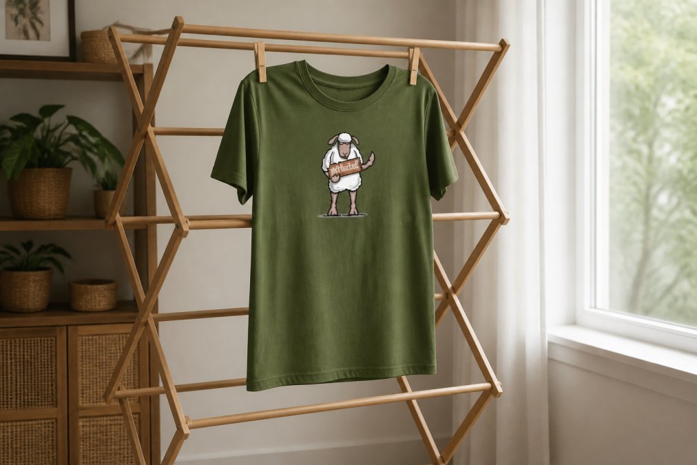 Graphic t-shirt hanging on a wooden laundry rack indoors near a window with soft natural light, away from direct sunlight streaming through the glass